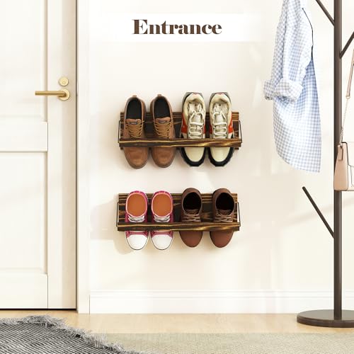 Nisorpa 20 Inches Wall Mounted Shoe Rack, Rustic Burnt Wood Wall Shoe Rack Mounted Slim, and Small Space Saving Shoe Storage Solution for Shoes in Narrow Spaces, Entryways, or Hallways, 2 Pack - size: 20 inch