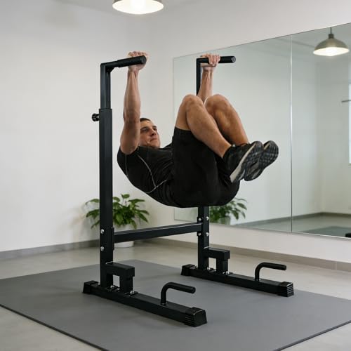 Dip Station, Adjustable Height 6-Level Multi-Function Pull Up Bar Stand | Heavy Duty Steel Dip Bars for Home Gym, Tricep Dips L-Sit Push Up Calisthenics Workout Equipment, Supports 500 LBS