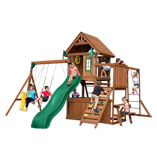 Swing-N-Slide Caribou Valley Wooden Swing Set with Wood Roof, Wave Slide, Monkey Bars, Climbing Wall, Ladder, Picnic Table, and Swings, Green Slide - size: Caribou Valley