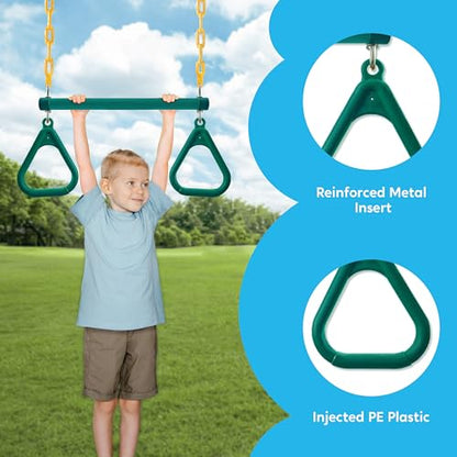 TURFEE 3 Pack Assorted Swing Set, Including 1 Gym Rings Trapeze Bar and 2 Pcs Swings with Plastic Coated Chain, Swingset Accessories Replacement for Kids Outdoor Play, Playground- Green - style: Swing set+1 Gym rings