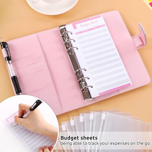 SKYDUE Budget Binder with Cash Envelopes, Purple, A6 Size, 6-Hole, 20-Page Capacity, 8 Dividers, Faux Leather - color: Laser Pink