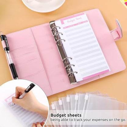 SKYDUE Budget Binder with Cash Envelopes, Purple, A6 Size, 6-Hole, 20-Page Capacity, 8 Dividers, Faux Leather - color: Laser Pink