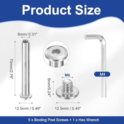 PATIKIL M6x6mm Hex Chicago Screws 8x70mm, 5Pcs 304 Stainless Steel Metric Hex Drive Socket Cap Binding Post Screw Posts for Scrapbook Leather Belt Album Furniture Repair, Silver - size: M6x6mm, 8x70mm