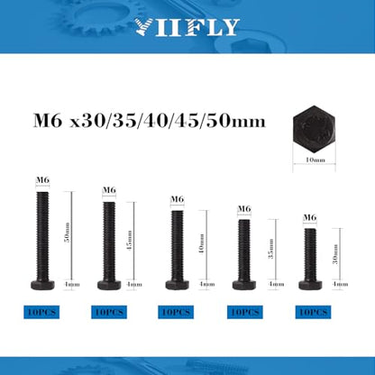 M6-1.0 Hex Head Screw Bolts - 30/35/40/45/50mm Length Kit, 12.9 Grade Alloy Steel, Hexagon Head Bolts, Black Oxide Finish, Full Thread,Quantity 50-Piece Set - size: 12.9-Hex-M6-30-50mm