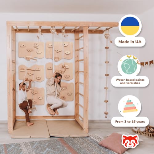 Wood And Hearts 7-in-1 Swedish Ladder Big Bridge Indoor Gym for Kids Active Play – Monkey Bars, Climbing Wall, Rope Accessories & Play Mats (6 Climbing Wall Panels)