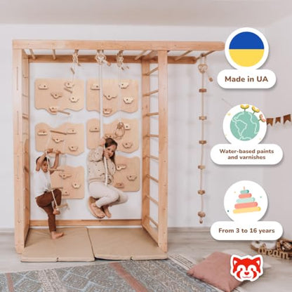 Wood And Hearts 7-in-1 Swedish Ladder Big Bridge Indoor Gym for Kids Active Play – Monkey Bars, Climbing Wall, Rope Accessories & Play Mats (6 Climbing Wall Panels)