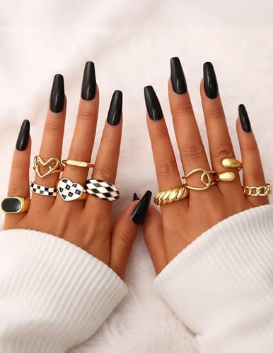 YEEZII Chunky Gold Rings for Women Non Tarnish, 18K Gold Plated Stackable Thumb Ring, Statement Women Rings Set - color: Gold-C