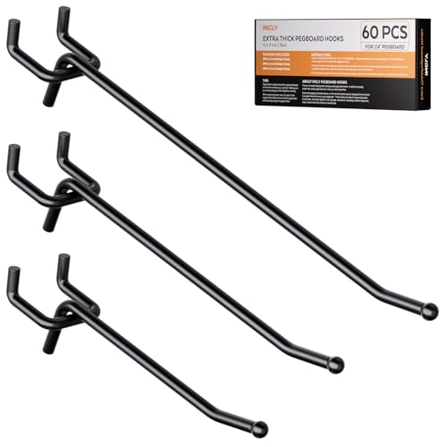 INCLY 60 Pack 4/6/8 Inch Heavy Duty Pegboard Hooks for Hanging Tools | Black 1/4" Peg Board Hooks Accessories, Peg Board Hangers Fit 1/4" Pegboard, For Garage, Craft Room, Store Organization - size: 60PCS