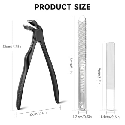 Ergonomic Long Handle Toenail Clippers for Seniors, 4.75 Inches Angled Head Curve Wide Jaw Opening Nail Clippers for Thick Nails with Meta and Glass Nail File, Fingernail Cutter with Catcher, 3Pcs
