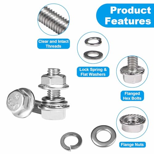 15 Sets 1/4-20 x 3/4" Flanged Hex Head Bolts Kits, 1/4-20 Flange Hexagon Screws and Nuts,Flat & Spring Lock Washers, 304 Stainless Steel 18-8,Fully Threaded - size: 1/4-20 x 3/4"