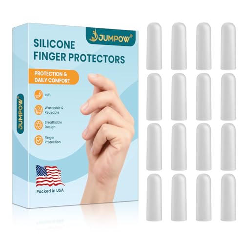 JUMPOW Gel Finger Cots Protectors, Finger Covers Caps Sleeves Silicone Flexible Shields for Fingertip Thumb Protection, Arthritis, Rubbing, Blisters, Hangnail & Pain Relief (Transparent, L, 16PCS) - style: Large (Long)