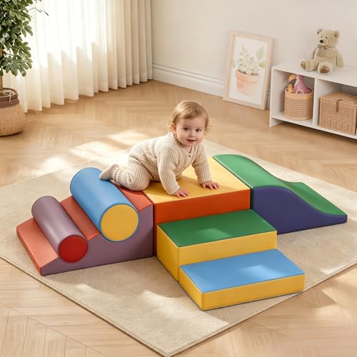 Soft Climbing Toys for Toddlers, 7-Piece Foam Climbing Blocks with PU Leather Cover, Modular Climb and Crawl Activity Play Set for Indoor Playroom (Classic) - color: Classic
