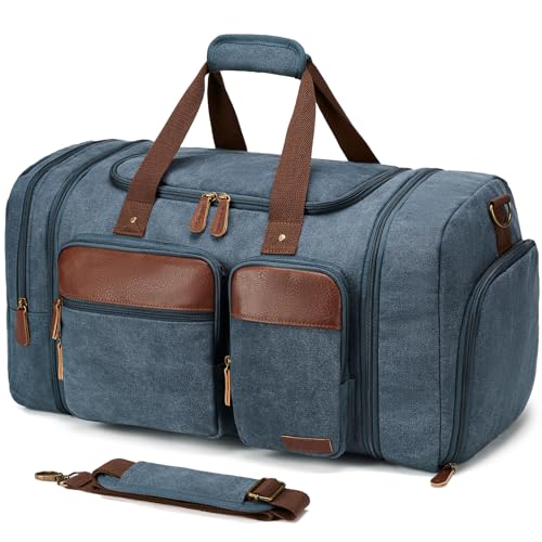 Canvas Duffle Bag for Travel 50L Expandable, Navy Blue | Travel Duffel Bags for Men Women, Overnight Weekend Gym Bag with Shoes Compartment - color: Navy Blue, size: Large 50 L
