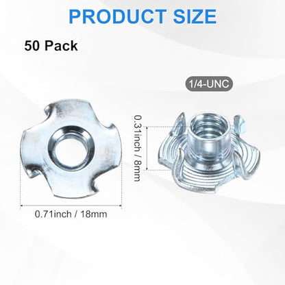 M METERXITY 50-Pack 1/4-UNC T-nut, 5/16" Barrel Length Carbon Steel 4-Pronged Tee Nut Threaded Insert for Wood/Rock Climbing Holds/Furniture, Corrosion Resistant Fasteners - size: 1/4-UNC, 5/16" Barrel Length