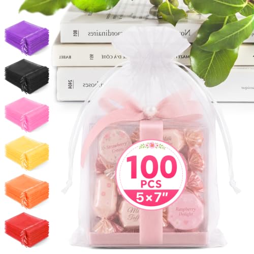 ANZNKU 100PCS Organza Bags 5x7 White Small Gift Mesh Drawstring Bag | Party Favor Goodie Gift Bag Pouch for Jewelry Candy Treat Soap Sachet, Use for Wedding Birthday Baby Shower Graduation - color: White-5"x7"