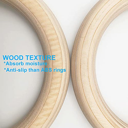 Wood Gymnastic Rings with Adjustable Number Suspension Trainer Straps with Cam Buckle 15ft Olympic Rings 32/28mm Heavy Duty 1543/992lbs for Pull Up Bar Workout Exercise Gym Hanging Rings Indoor - color: 32mm ring only(no straps)