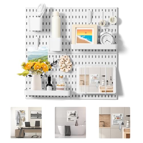 VUSIGN Pegboard Combination Wall Organizer Kit 22" x 22", White | 4 Pieces Pegboards and 17 Accessories, Wall Mount Display Peg board Panel Kits for Bedroom, Home, Office, Bathroom - color: White - 4 Pieces