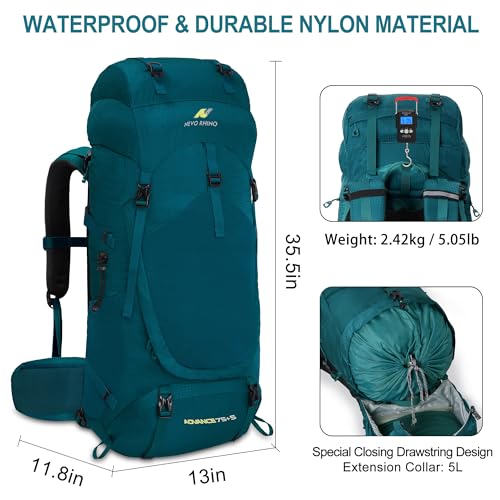N NEVO RHINO Internal Frame Hiking Backpack 50/60/65/70/80L with Rain Cover | Backpacking Backpack with Padded Hip Belt, Multi-Pockets, Pole Loops, Waterproof Daypack for Men Women Climbing Camping - color: 20 Green, size: 75+5L