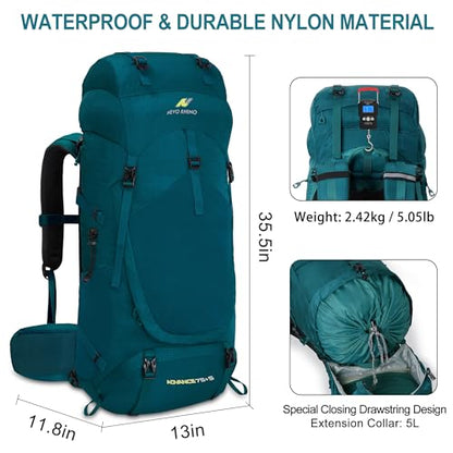 N NEVO RHINO Internal Frame Hiking Backpack 50/60/65/70/80L with Rain Cover | Backpacking Backpack with Padded Hip Belt, Multi-Pockets, Pole Loops, Waterproof Daypack for Men Women Climbing Camping - color: 20 Green, size: 75+5L