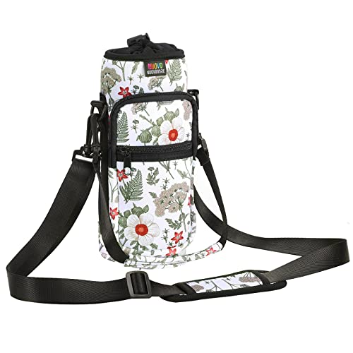 Nuovoware Water Bottle Carrier Bag, 25oz/32oz Bottle Pouch Holder, Adjustable Shoulder Hand Strap 2 Pocket Sling Neoprene Sleeve Sports Water Bottle Accessories for Gym Hiking Travel, Hibiscus White - color: Hibiscus White, size: 25-32 Ounces - Standard