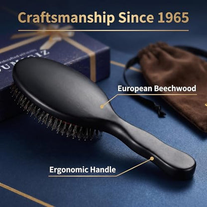 Boar Bristle Hair Brush Since 1965 British Craftsmanship | Handmade Natural Wooden Slick Back Hairbrush, Gentle Detangling Smoothing Women Men Kids Curly Thick Fine Hair, Anti Breakage - size: Large