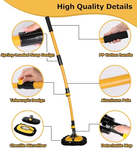 anngrowy 47.64" Car Wash Brush Mop Kit Mitt Sponge with Long Handle Car Cleaning Supplies Kit Tools Car Washing Duster Exterior Scratch Free, Chenille Replacement Head Extension Pole - color: Black 2
