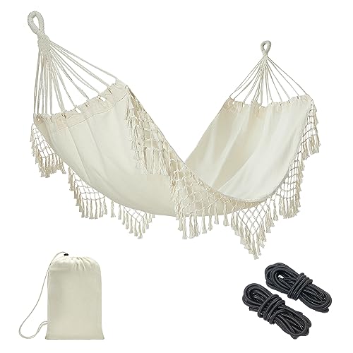 JoyView Boho Macrame Single Hammock with Hanging Ropes & Elegant Tassels 78.8x39.4 Portable Cotton Hammock for Patio Backyard Porch 300LBS Weight Capacity Perfect for Outdoor/Indoor - Beige Color - color: Natural White With Tassel