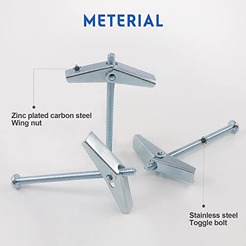 Glarks 30Pcs 3/16'' Zinc Plated Steel Round Head Toggle Bolt and Wing Nut for Hanging Heavy Items on Drywall - size: 3/16''