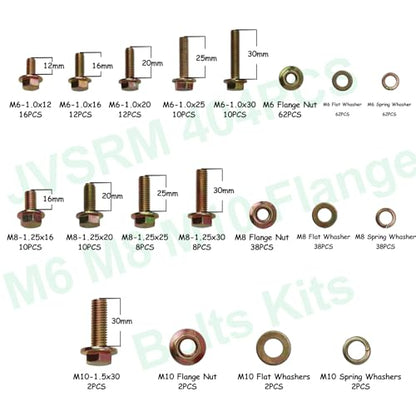 404Pcs Class 10.9 Metric Flange Bolts Kit - M6 M8 M10 (12-30mm) Serrated Hex Bolts with Nuts & Washers, Yellow Zinc, Storage Case for Light Equipment & DIY - size: 404PCS Metric Flange Bolt Kit M6~M10, Grade 10.9
