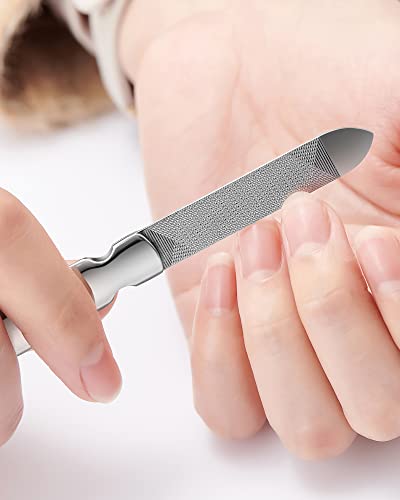 Nail File,Professional Double Sided Stainless Steel Nail File with Non-Slip Handle and Leather Case,Nail Buffering Files Washable,Metal Nail File for Men and Women - size: Mr-2104