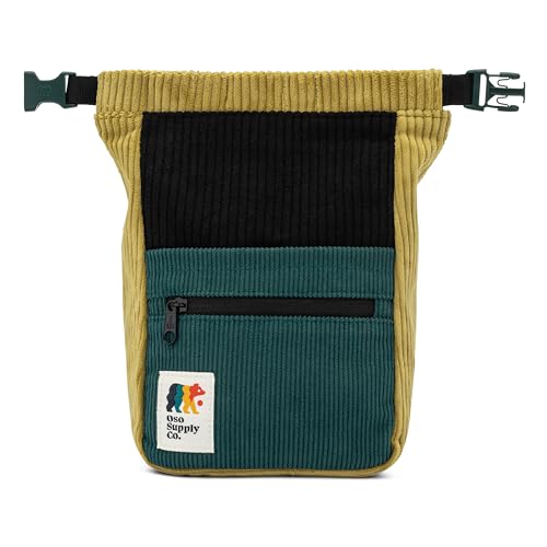 Oso Supply Co - Retro Corduroy Bouldering Bucket, Large Size Freestanding Chalk Bag for Rock Climbing, Magnetic Roll Down Closure, Dual Brush Loops, Zippered Pockets and Pouch - color: Olive and Teal