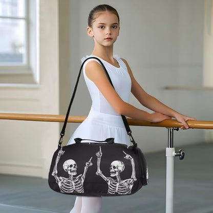 Kids Sports Duffel Bag for Boys & Girls - Funny Skull Skeletons 100% Polyester Gym Bag with Separate Shoe Compartment, Adjustable Shoulder Strap, Compact Travel & Workout Gear Bag - color: Funny Skull Skeletons