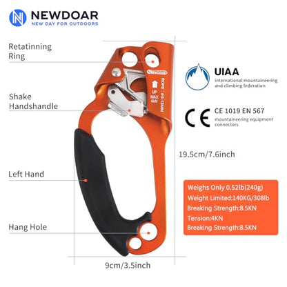 UIAA & CE Certified Hand Ascender Rock Climbing Tree Arborist Rappelling Gear Equipment Rope Clamp for 8~13MM Rope - color: Orange-Left+Blue-Right
