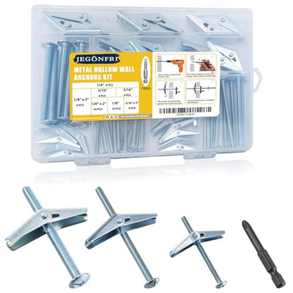 Toggle Bolts for Drywall 30 Sets, 3 Sizes Hollow Wall Anchors Kit with Bit | Heavy Duty Carbon Steel Withstands Rust, Wing Nuts Open Behind Wall for Even Hold, Ideal for Ceilings, Shelves & Lights