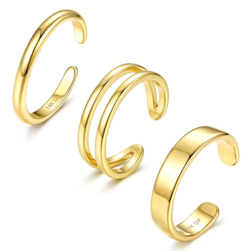 FIASASO 3Pcs Gold Filled Toe Rings for Women Non Tarnish 14K Gold Filled Toe Ring Adjustable Flower Cz Dainty Toe Ring Summer Beach Open Toe Rings Set Toe Jewelry Foot Jewelry - color: 14K Gold Filled wide