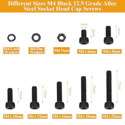365 Pieces M4 Screws Nuts Washers Set Black, Sutemribor M4 x 6/8/10/12/16/20/25mm Hex Socket Head Cap Screws Nuts Washers Assortment Kit, 12.9 Grade Alloy Steel, Fully Threaded - size: M4 x 6/8/10/12/16/20/25mm Kit, style: Socket Head