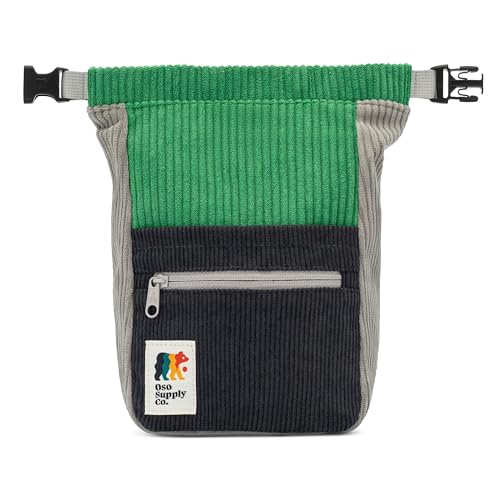 Oso Supply Co - Retro Corduroy Bouldering Bucket, Large Size Freestanding Chalk Bag for Rock Climbing, Magnetic Roll Down Closure, Dual Brush Loops, Zippered Pockets and Pouch - color: Green and Gray