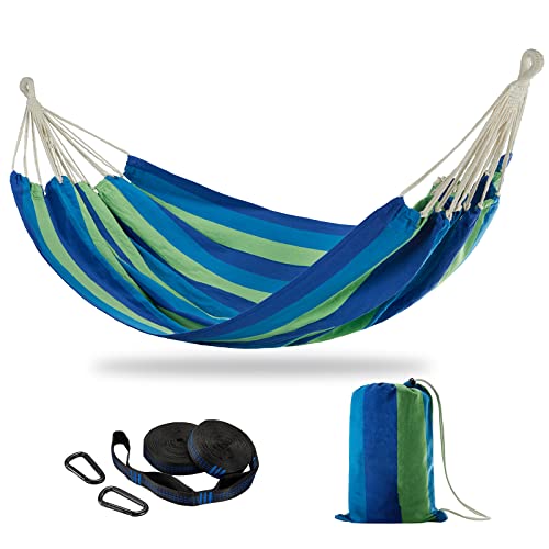 Brazilian Double Hammock with Tree Straps, Extra Large, 450 lbs Capacity | Soft Woven Cotton Fabric, 94.5 × 63 in, 2-Person Hammock with Carry Bag for Backyard, Patio, Outdoor, Blue Green Stripe - color: Blue Green Stripe, size: X-Large