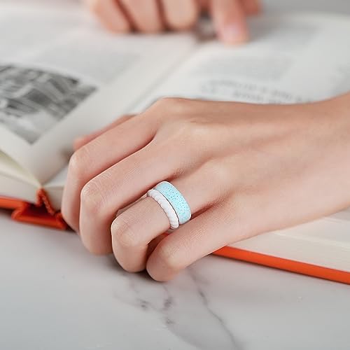 Egnaro Women's Stackable Silicone Rings, 2.5/5.5mm Wide 1.8/2mm Thick Bands | Comfort-Fit Rubber Bands Offer Breathable Flexibility for Nurses, Workouts, Pregnancy, Yoga, Travel, Office, and All-Day Wear - color: SETB5-Light Pink Sparkle, Light Green Spar