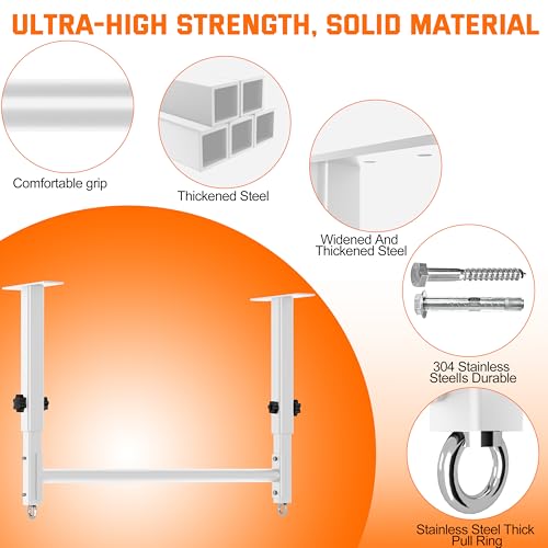 48" Ceiling Mount Pull Up Bar, Heavy Duty Multi-Grip Rafter Chin Up Bar for Garage/Basement/Backyard Ceiling Beam, Adjustable Height&Supports to 650 Lbs - color: White