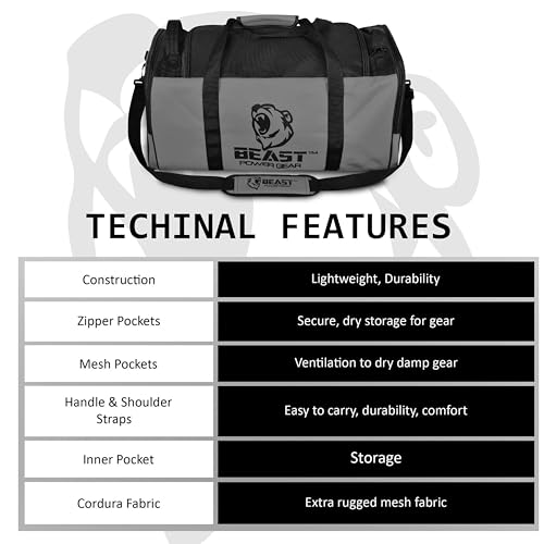 Beast Power Gear Gym Duffle Bag, Gray/Black | Workout, Boxing, MMA, Sports Bag, Shoes Compartment, Adjustable Shoulder Strap, For Men and Women - color: Gray/Black