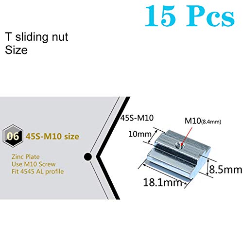 15pcs 4545 Series Sliding T Nuts Metric M10 Thread Slide in Hammer Head T-Nut for Standard 10mm T-Slot Aluminum Extrusion Profile （4545 Series M10） - size: 4545 Series M10