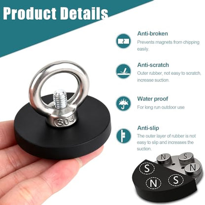5 Pcs Rubber Coated Magnets, 30LBS Bolt on Magnets with M6 Threaded Strong Neodymium Magnet with Hooks, Flat Rubber Coated Fishing Magnet - size: 1.6x0.23in/Ring-5pack