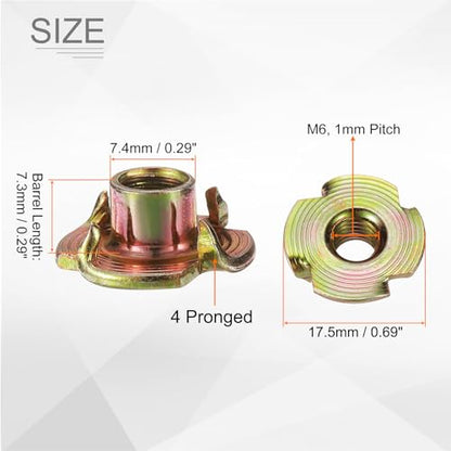 HARFINGTON M6x7.3mm T-Nuts 4 Pronged Tee Nut 0.69" x 0.29" Fully Thread Carbon Steel Inserts for Wood, Rock Climbing Holds, Cabinetry, Furniture 50pcs - size: M6x7.3mm