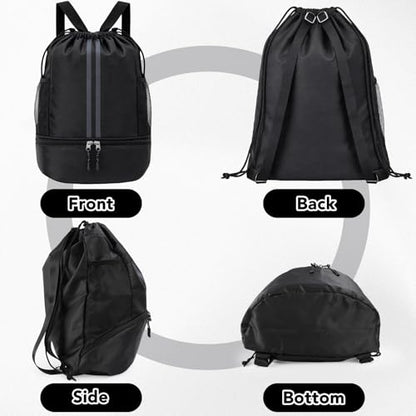 Drawstring Backpack Gym Bag, Waterproof String with Shoe Compartment, Black | 900D Oxford, Waterproof Divider, 2 Side Mesh Pockets, Adjustable Straps, 13 x 16.9 In, For Gym, Swim,Basketball,Beach