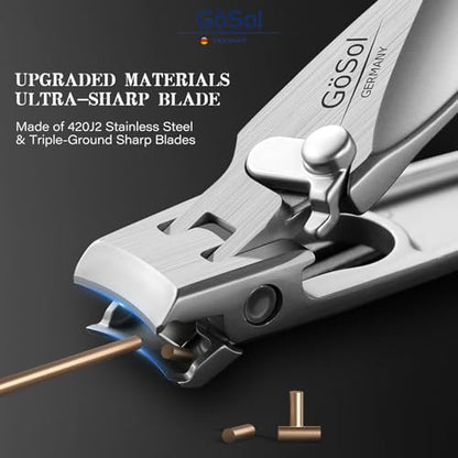 Nail Clipper Anti-Splash, Stainless Steel, Wide Jaw Sharp Blades | Nail Cutter with Catcher, Built-in Lock, One Handed Open & Close, for Thick Nails, with Built-in File, Washable, Heavy Duty - style: Curved Blades Nail Clipper
