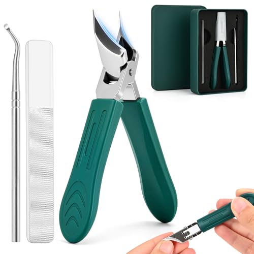 Upgraded Eagle Beak Beveled Nail Clippers, Long Handle Wide Jaw Slanted Nail Clipper, Eagle Beak Angled Edge Nail Clippers 3-Piece Set, Wide Jaw Opening Anti-Splash Nail Clipper for Men Women(Green)