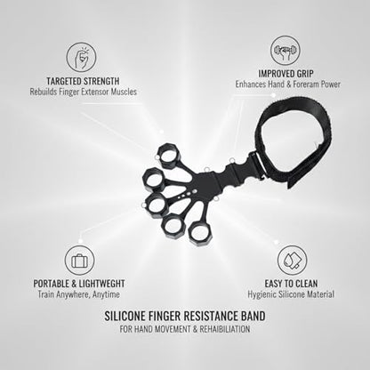 Silicone Finger Resistance Band for Hand Strength and Extension - Portable Grip Trainer for Musicians, Climbers and Fitness (1 Pack, Black)
