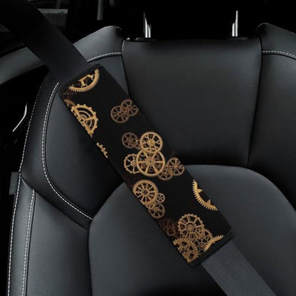 Universal Fit Seat Belt Cover for Adult Use, Stroller Pushchair High Chair, 2PCS Mechanical Retro Style Golden Ndustrial Gear Harness Pads Strap Shock Absorption - color: Pattern 113