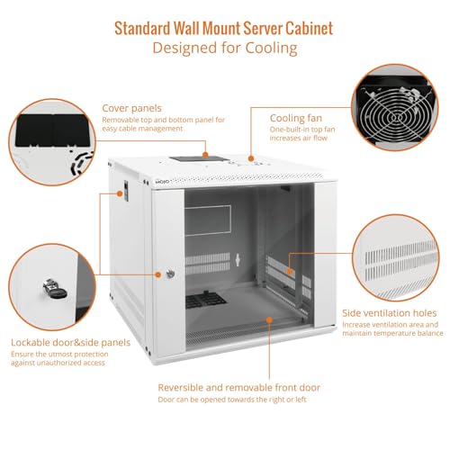 Tecmojo 9U Wall Mount Rack Network Cabinet for 19" IT Equipment,with Lockable Glass Door and Side Panels,Cooling Fan,17.7inch Depth,White,Computer/Electronics Equipment Data Rack - color: White